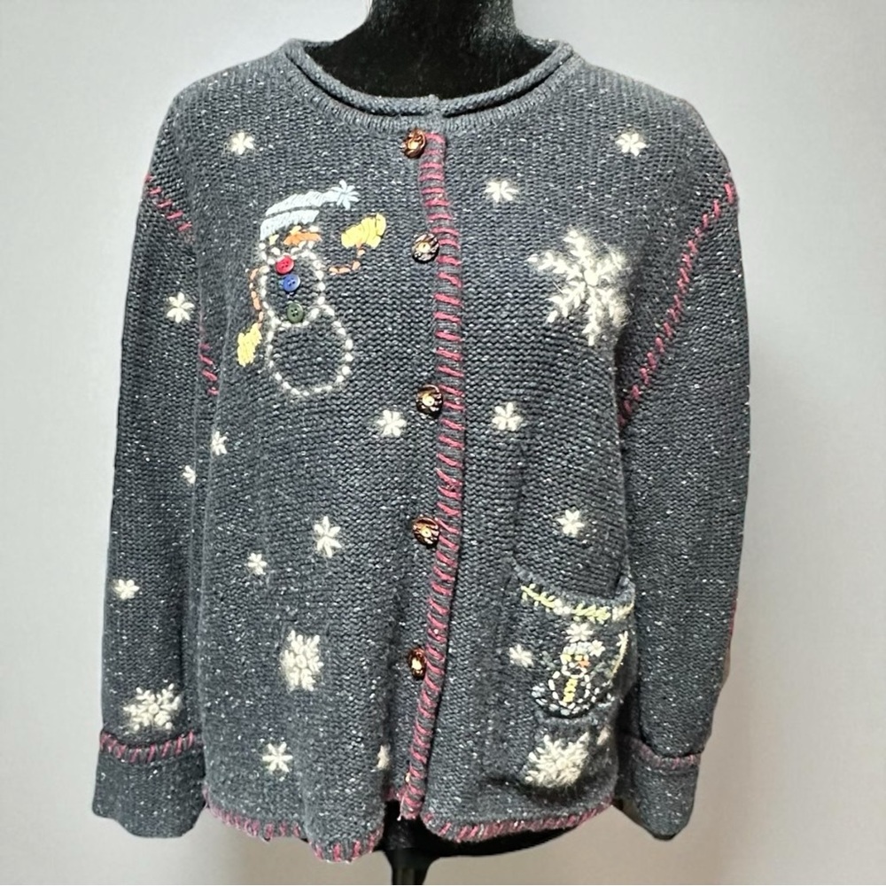 Northcrest Gray Cardigan Sweater XL 18 Snowman Christmas Holiday Winter Knit